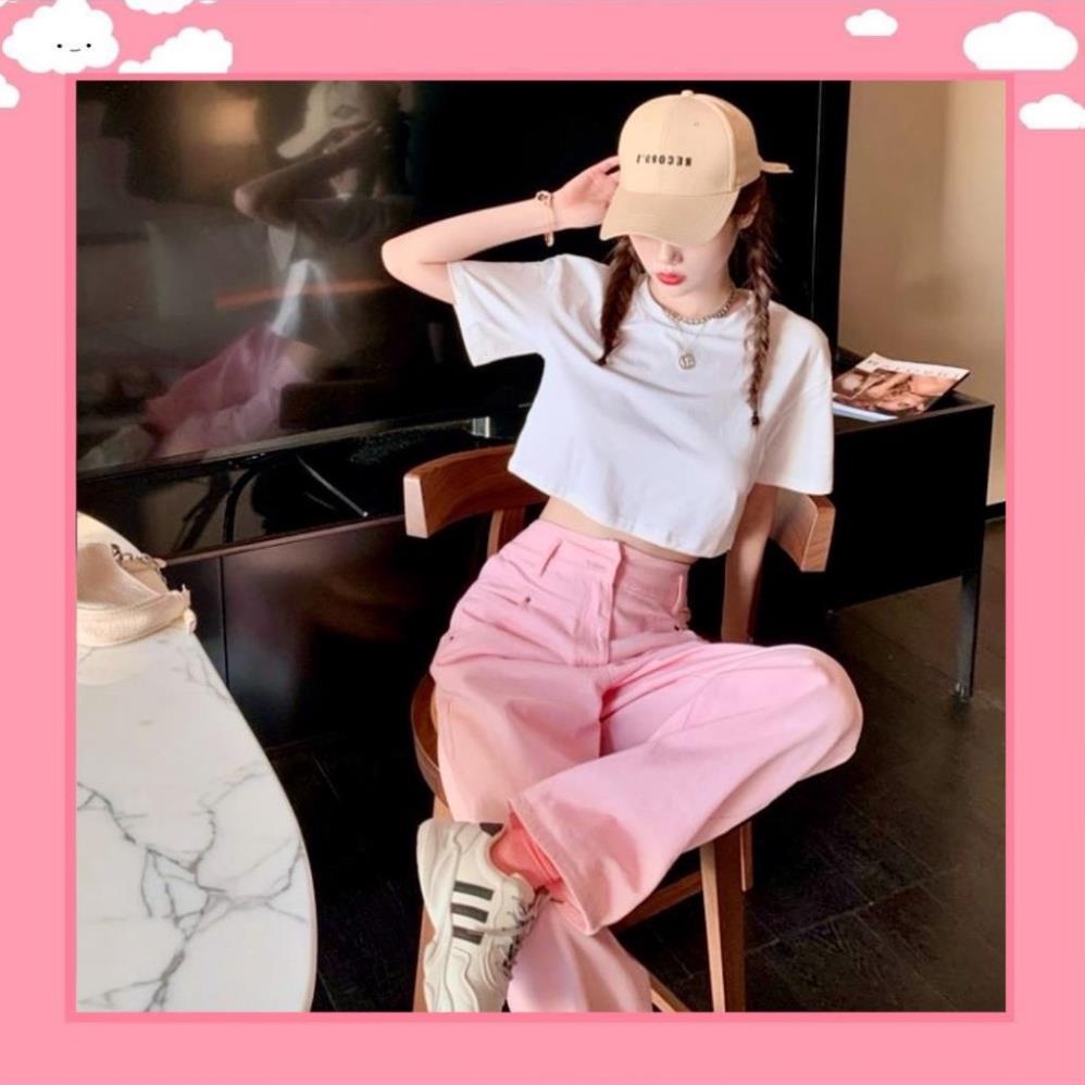 Quần jean ống rộng lưng cao màu hồng nhạt🎀 Quần kaki dài ống suông 100cm thời trang mùa hè [SẮN]