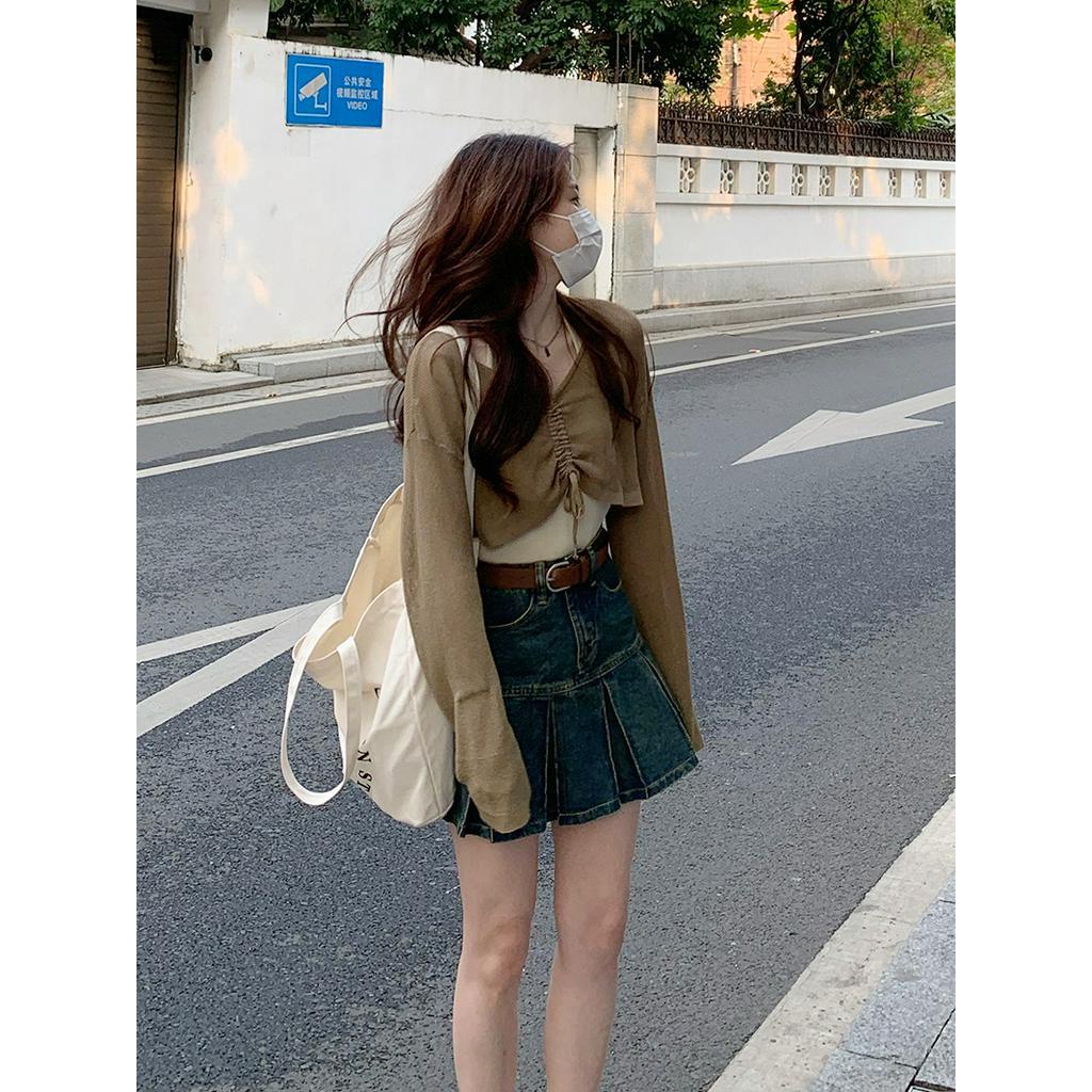 Bộ Áo Dài Tay + Chân Váy Denim Xếp Ly Xinh Xắn Dành Cho Nữ 63501