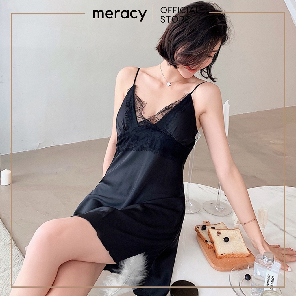 Váy ngủ hai dây lụa satin nữ MERACY đầm ngủ 2 dây lụa satin có mút ngực phối ren sexy M05-VN