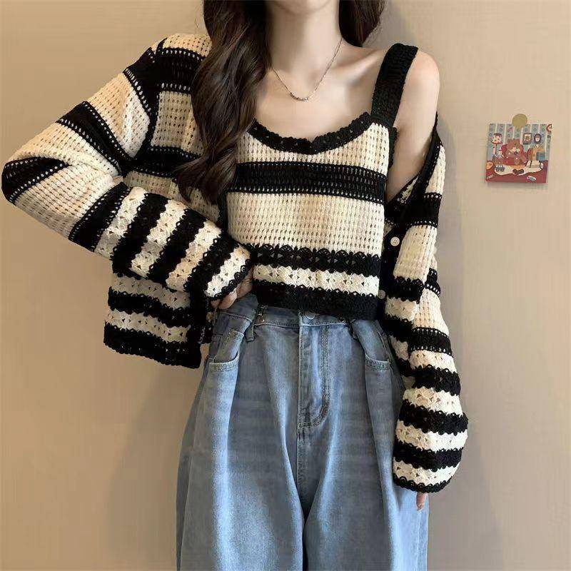 Áo Cardigan Dệt Kim Kẻ Sọc Rộng Bộ Hai Mảnh Có Dây Đeo Áo Ngắn Cho Nữ