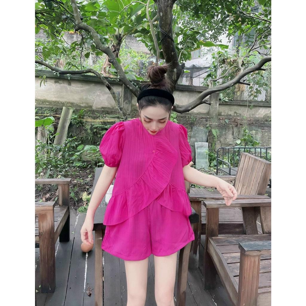 Bộ Đũi Xốp Gân Cao Cấp,Sét Bộ Kiểu Tay Phồng Chéo Tà Phối Bèo Xinh Xĩu Chất Đẹp Chuẩn Shop