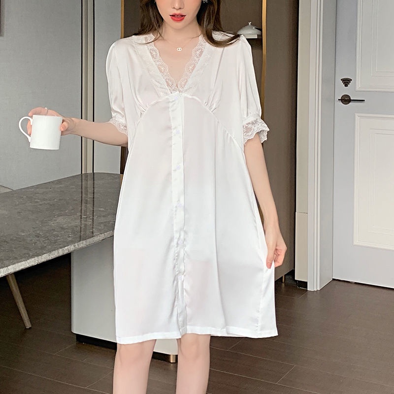 Đầm ngủ tay ngắn chất lụa màu trơn phong cách Hàn Quốc dễ thương thời trang mùa hè cho nữ