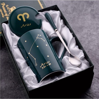 Ly cốc sứ có nắp và muỗng inox in hình 12 cung hoàng đạo (Màu Xanh)- - Có hộp quà đựng