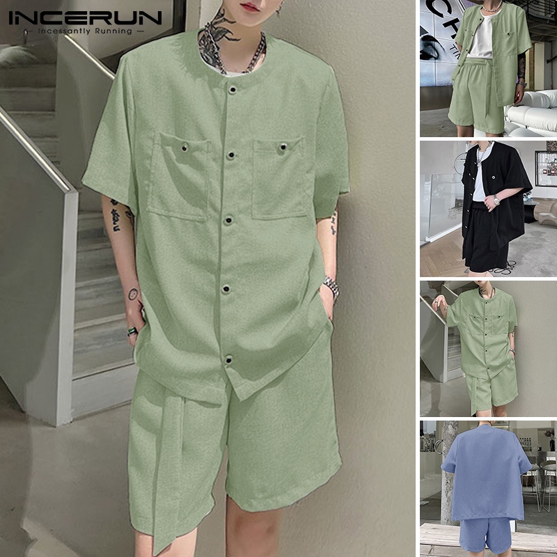 Bộ quần áo INCERUN gồm áo ngắn tay cổ tròn và quần đùi dây rút cho nam