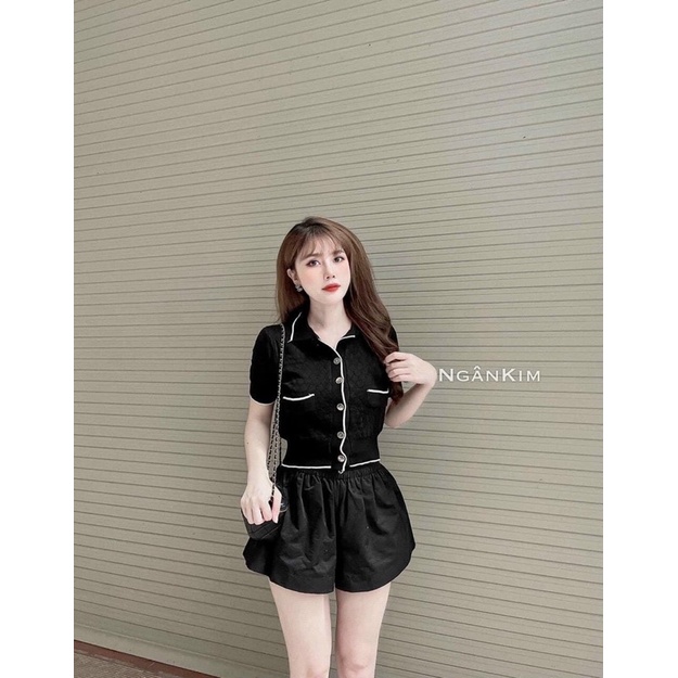 Áo len dệt kim hình trám cổ bẻ phối viền túi 2 bên
