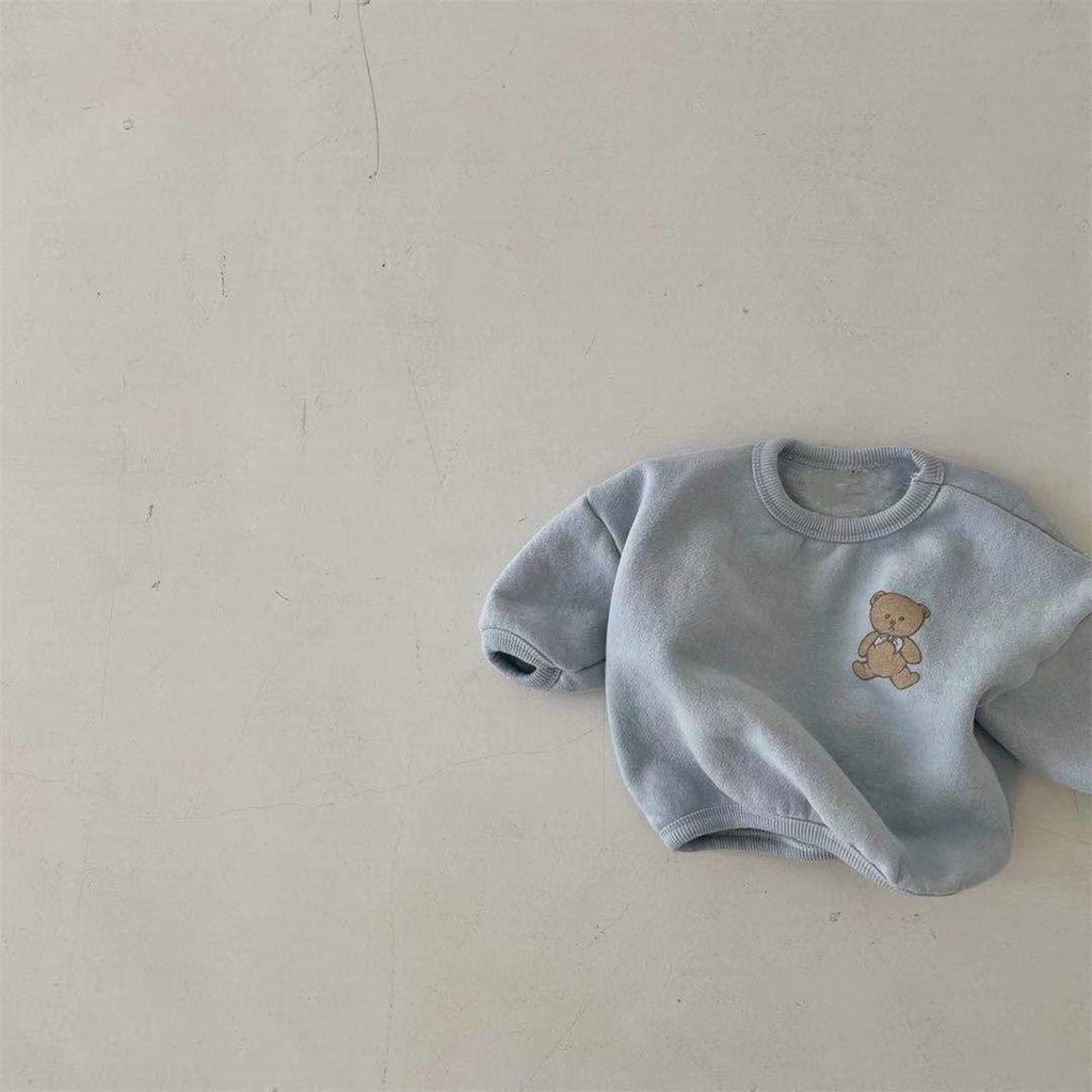 Áo sweater dáng rộng cổ tròn họa tiết gấu phong cách Hàn Quốc đơn giản thời trang thu đông cho bé trai và bé gái