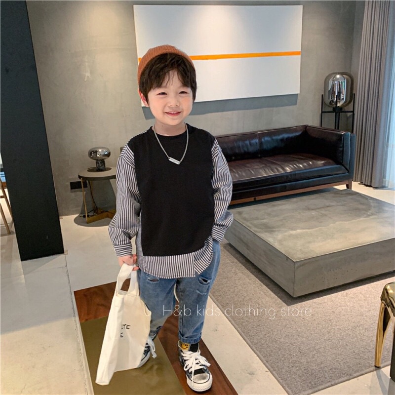 (jean baby ) sét bộ áo phối kẻ kết hợp quần jean bò rách kiểu hàn cho bé(8-22kg)