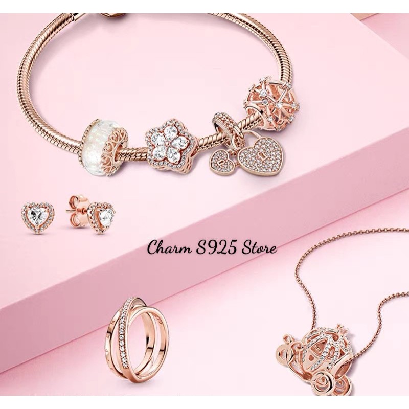 Combo vòng tay mix + 4 hạt charm pan vàng hồng đính đá cao cấp bạc s925