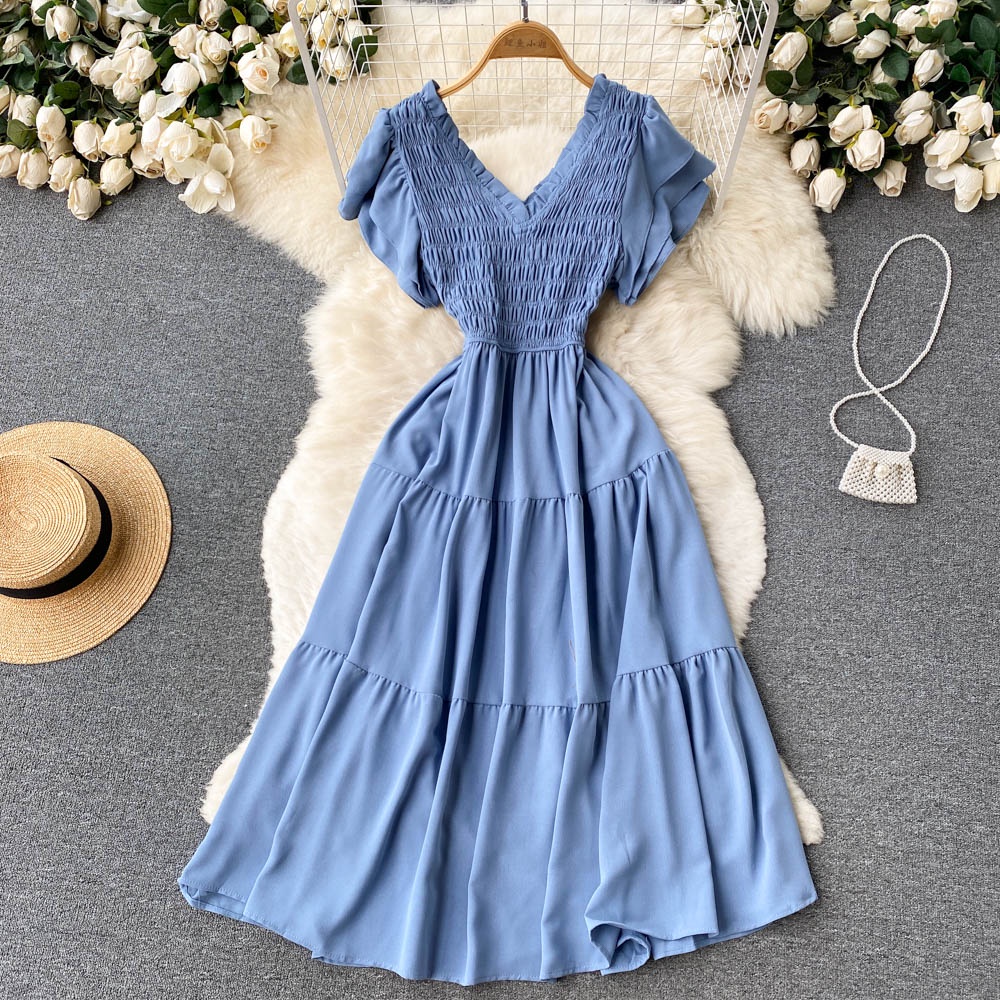 Đầm Chữ A Lưng Cao Cổ Chữ V Màu Trơn Thời Trang Mùa Hè Dành Cho Nữ