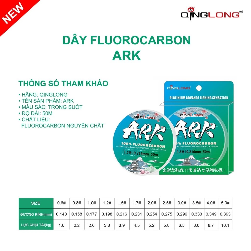 Cước câu cá, dây thẻo, dây linh QingLong Fluorocarbon ARK 50m