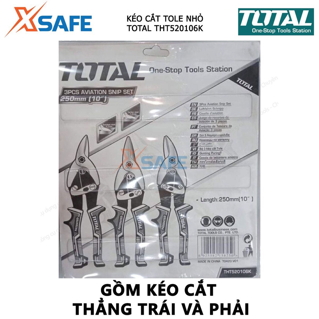 Bộ 3 kéo cắt tole TOTAL THT520106K Bộ kéo cắt tôn dài 250mm gồm 3 chi tiết (trái, thẳng, phải) - Chính hãng [XSAFE]