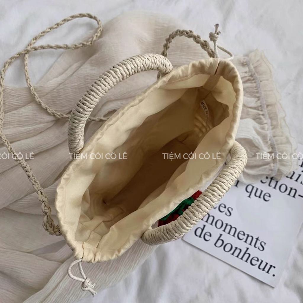 Túi cói thưa Cherry quai bện siêu dễ thương cho bạn gái đi biển - Tiệm Cói Cô Lê