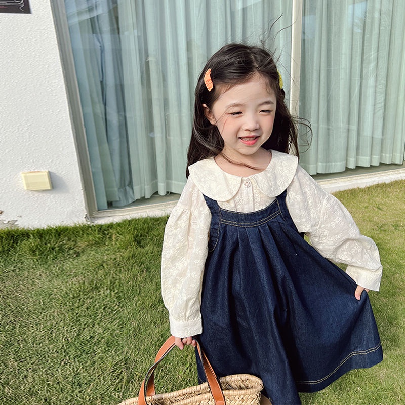 Bộ Áo Sơ Mi Tay Dài Cổ Búp Bê + Chân Váy Denim Phong Cách Hàn Quốc Thời Trang Mùa Xuân Mới 2022 Dành Cho Bé Gái