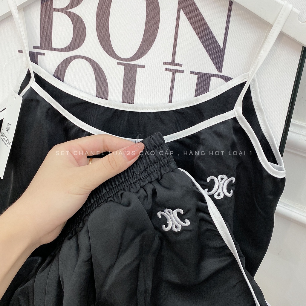 Set bộ lụa 2 dây thêu chữ họa tiết quần short nữ HN374