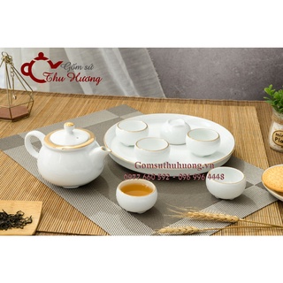 Bộ ấm chén Bát Tràng_Bộ trà ba chân dáng Nhật vàng kim kèm khay