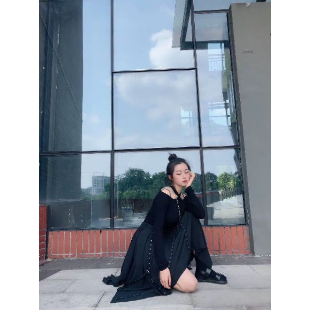 [ORDER+ẢNH THẬT] Chân váy đen xòe vạt lệch xẻ chéo cách điệu cá tính với dây kim loại style Ulzzang siêu chất 😍