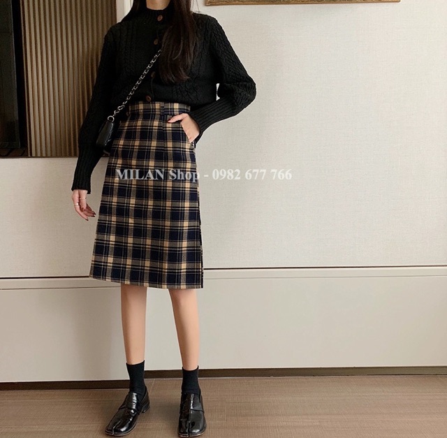 Chân váy dạ kẻ caro có túi kèm đai | BigBuy360 - bigbuy360.vn