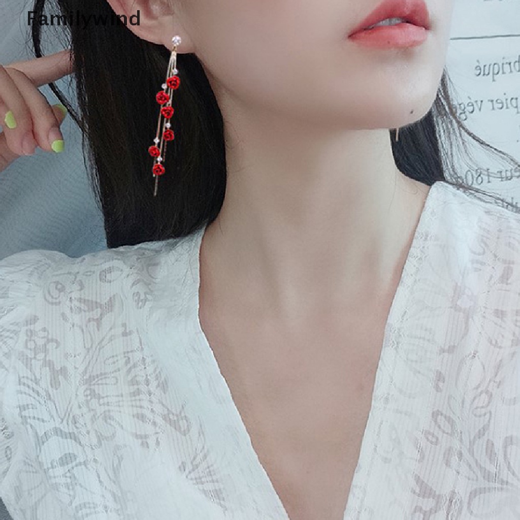 Khuyên Tai Dáng Dài Hình Cánh Hoa Phối Tua Rua Màu Đỏ Tím Lãng Mạn Cho Nữ