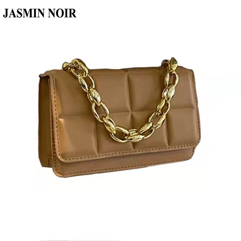 Túi đeo chéo Jasmin Noir dáng vuông nhỏ may chần kẻ ô phối quai xích thời trang cho nữ