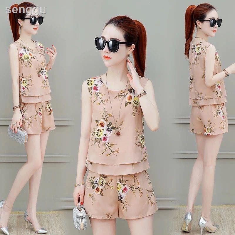 Bộ Áo Chiffon Không Tay + Quần ngắn ống rộng Phong Cách Phương Tây Thời Trang Mùa Hè Mới Cho Nữ 2021