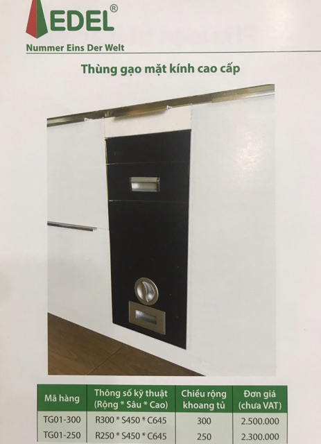 Thùng gạo mặt kính cao cấp EDEL, thùng gạo âm tủ TG01-300 , TG01-250, mặt kính đen