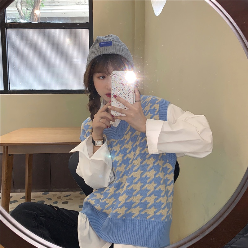 SUXI Áo len không tay cổ chữ V dáng rộng phong cách mùa thu trẻ trung cho nữ