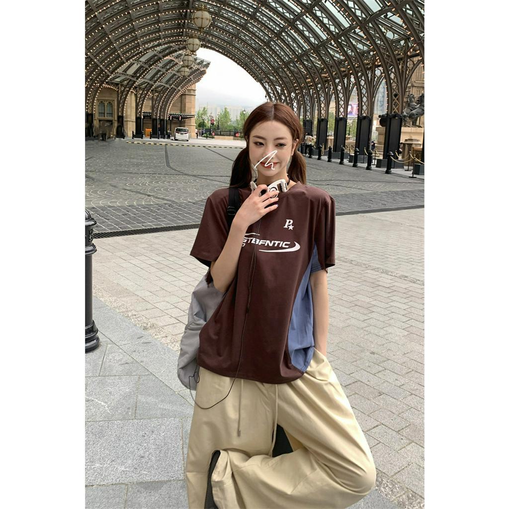 Xiaozhainv Áo Thun Crop Top Tay Ngắn Dáng Rộng In Họa Tiết Mỹ Mùa Hè Cho Nữ