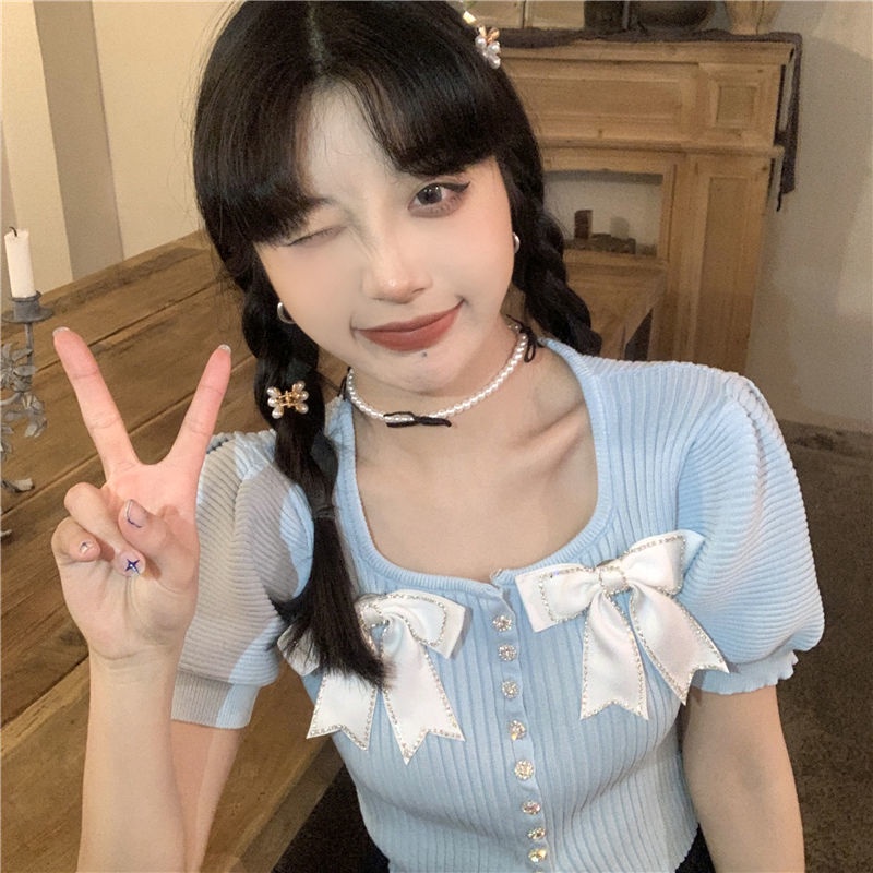 Áo Thun Tay Phồng Ngắn Thắt Nơ Ngọt Ngào Và Ngọt Ngào Thời Trang Mùa Hè Cho Nữ