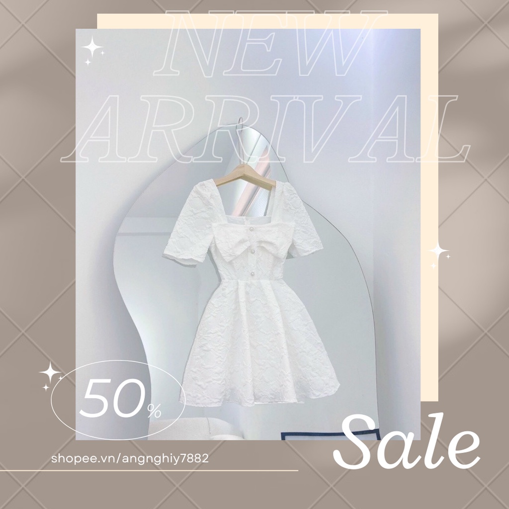 Váy đầm nữ trắng xòe phối nơ cổ vuông chất xốp freesize phù hợp dự tiệc dạo phố dễ thương