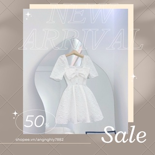 Váy đầm nữ trắng xòe phối nơ cổ vuông chất xốp freesize phù hợp dự tiệc dạo phố dễ thương