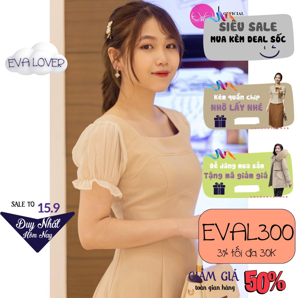 Váy Xòe,Công Sở Cổ Vuông Tay Voan Chun EvaLover