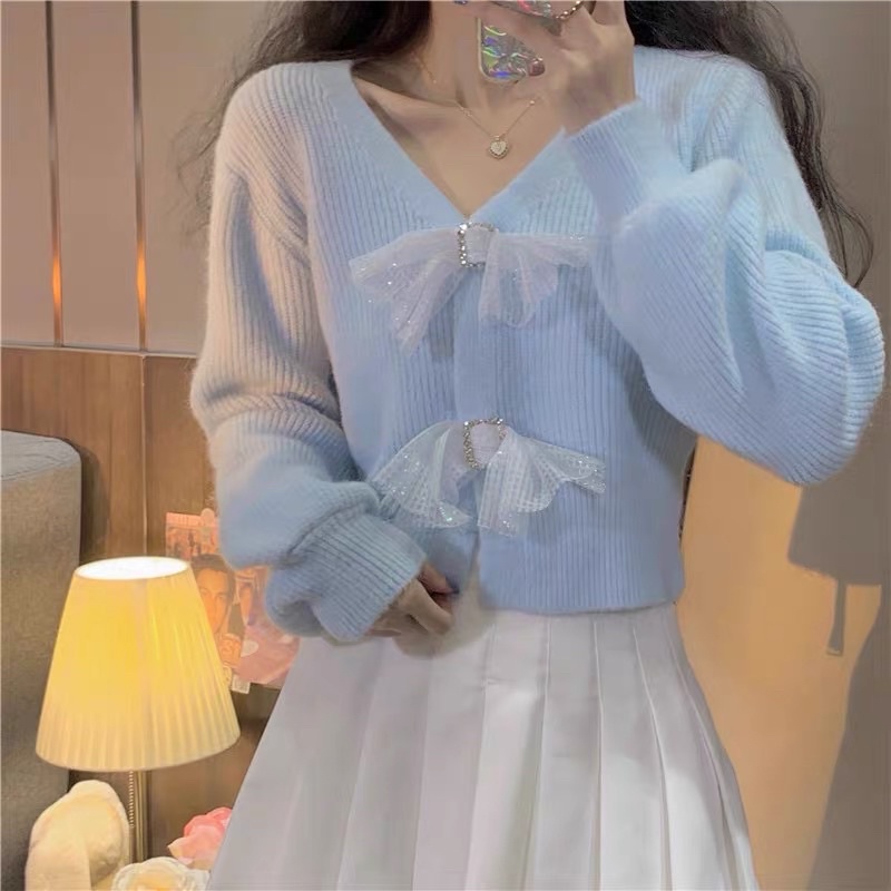 Áo len dài tay cổ V đính nơ siêu xinh