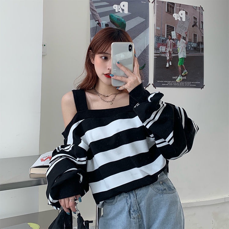 Áo Len Dài Tay Trễ Vai Dáng Rộng Họa Tiết Kẻ Sọc Thời Trang Mùa Thu Hàn Quốc 2020 Xs-4Xl | BigBuy360 - bigbuy360.vn