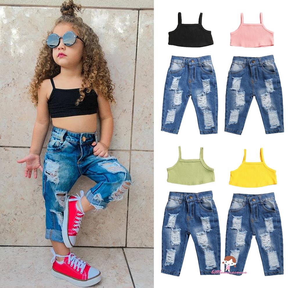 Set Áo Sát Nách Và Quần Jeans Rách Cho Bé Gái