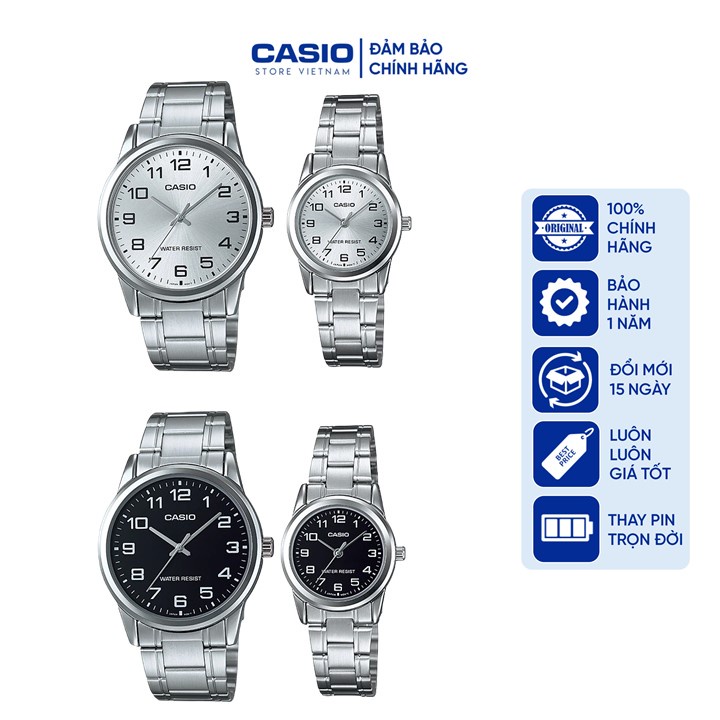 Đồng hồ nam nữ CASIO MTP/LTP V001D-7B, đồng hồ chính hãng, dây thép màu bạc siêu bền