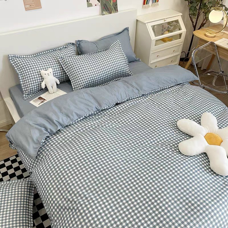 Bộ chăn ga gối cotton poly Lidaco decor phòng ngủ vintage - Kẻ ô xanh dương (SP001454)