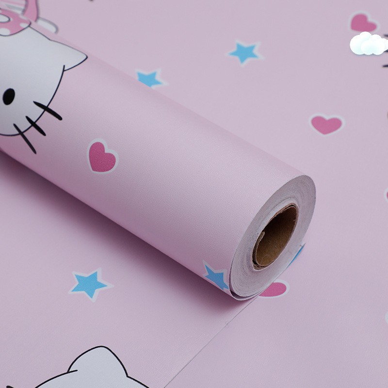 Gấy dán tường Hello kitty hồng trái tim khổ 45cm có keo sẵn (giá bán 1 mét dài), giấy decal dán tường phòng ngủ cho bé