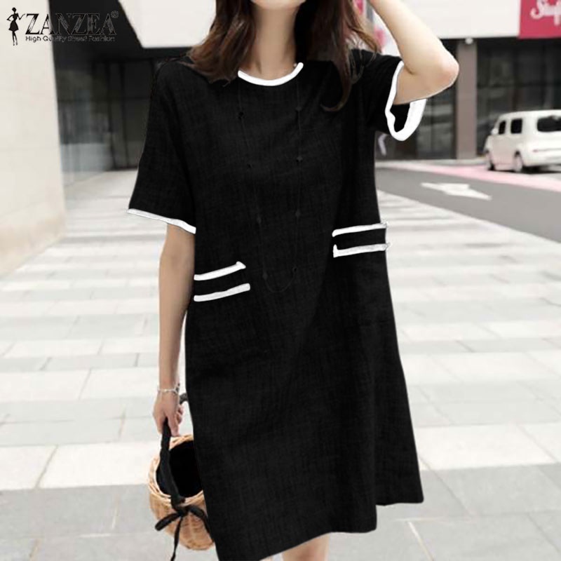 Đầm midi ZANZEA tay ngắn cổ tròn màu trơn thời trang cho nữ