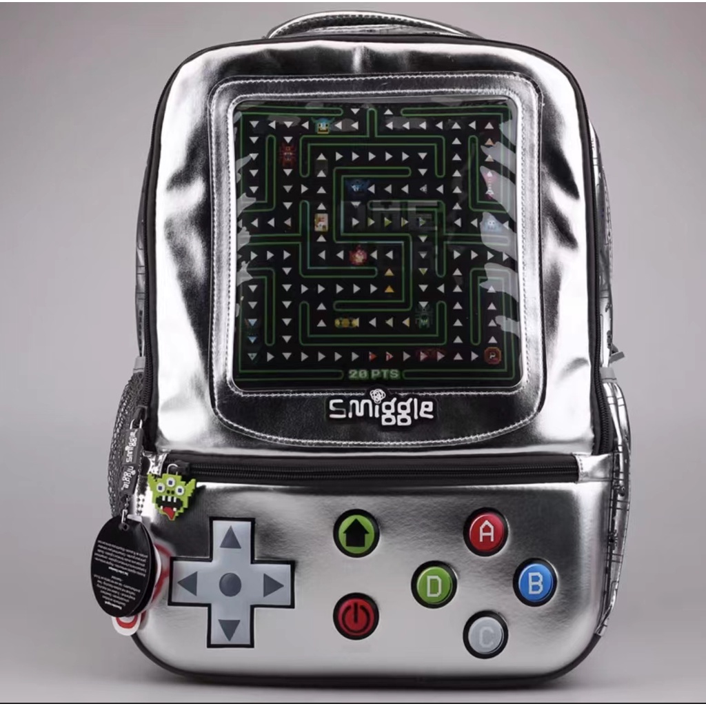 Smiggle Ba Lô Da PU Màu Bạc Hình Máy Chơi Game Cho Học Sinh