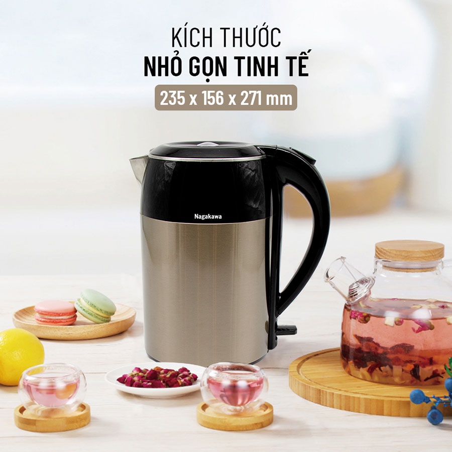 COMBO Ấm siêu tốc inox 304 2 lớp NAG0315 (1.8L) và bộ 3 nồi 5 đáy inox 304 NAG1352 Nagakawa