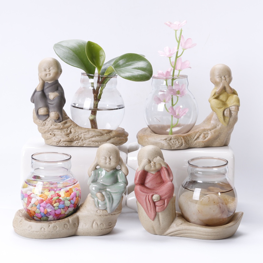 Bộ tượng 4 chú tiểu kèm lọ hoa thủy tinh, bộ 4 tượng tứ phật trang trí nhà cửa, xe oto