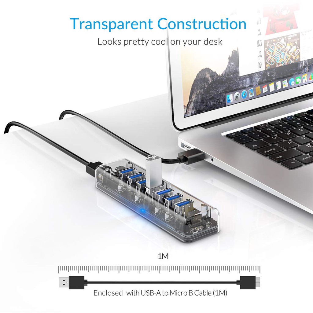 Hub ORICO F7U-U3 7 cổng USB 3.0 vỏ trong suốt công tắc bật/ tắt dành cho máy tính