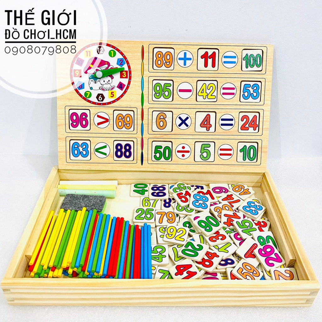 [VỪA HỌC- VỪA CHƠI] Bộ que tính học toán bằng gỗ có kèm thẻ số, bảng viết đen, phấn và đồ bôi thông minh giúp bé học tập