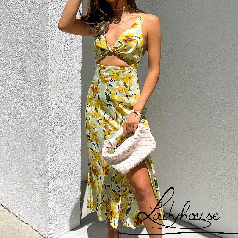 Ld- Đầm khoét cổ chữ v Hở Lưng In Họa Tiết Hoa Màu Vàng S/ M/ L/ XL Cho Nữ