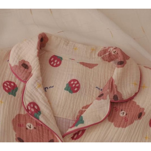 Bộ đồ ngủ tay ngắn chất liệu cotton in hình gấu trái dâu thời trang mùa hè 2021 cho nữ
