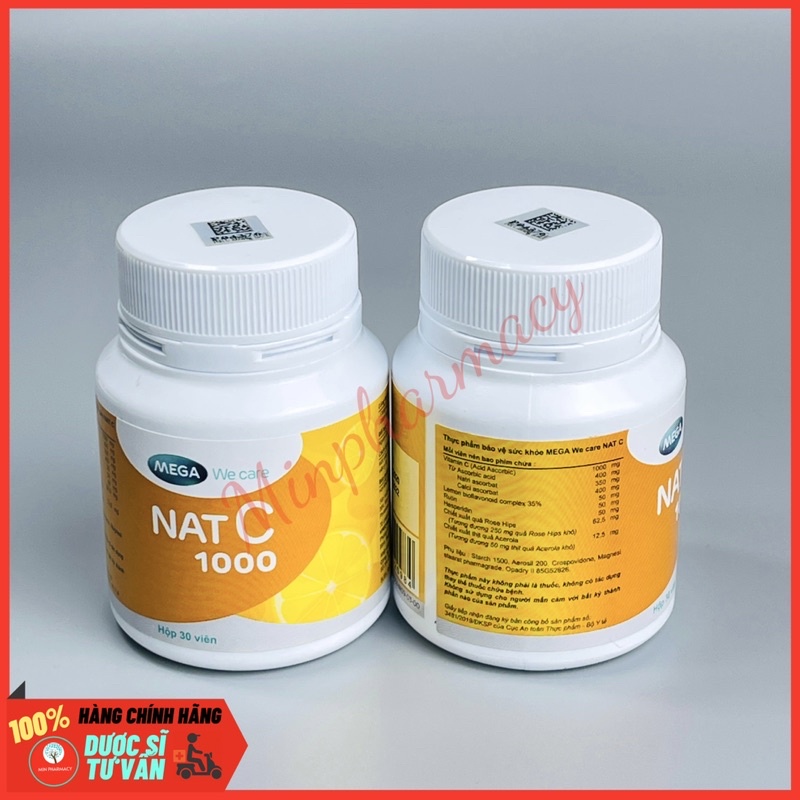 Viên uống bổ sung Vitamin C Nat C 1000 Mega We care (30 viên/lọ) - Minpharmacy