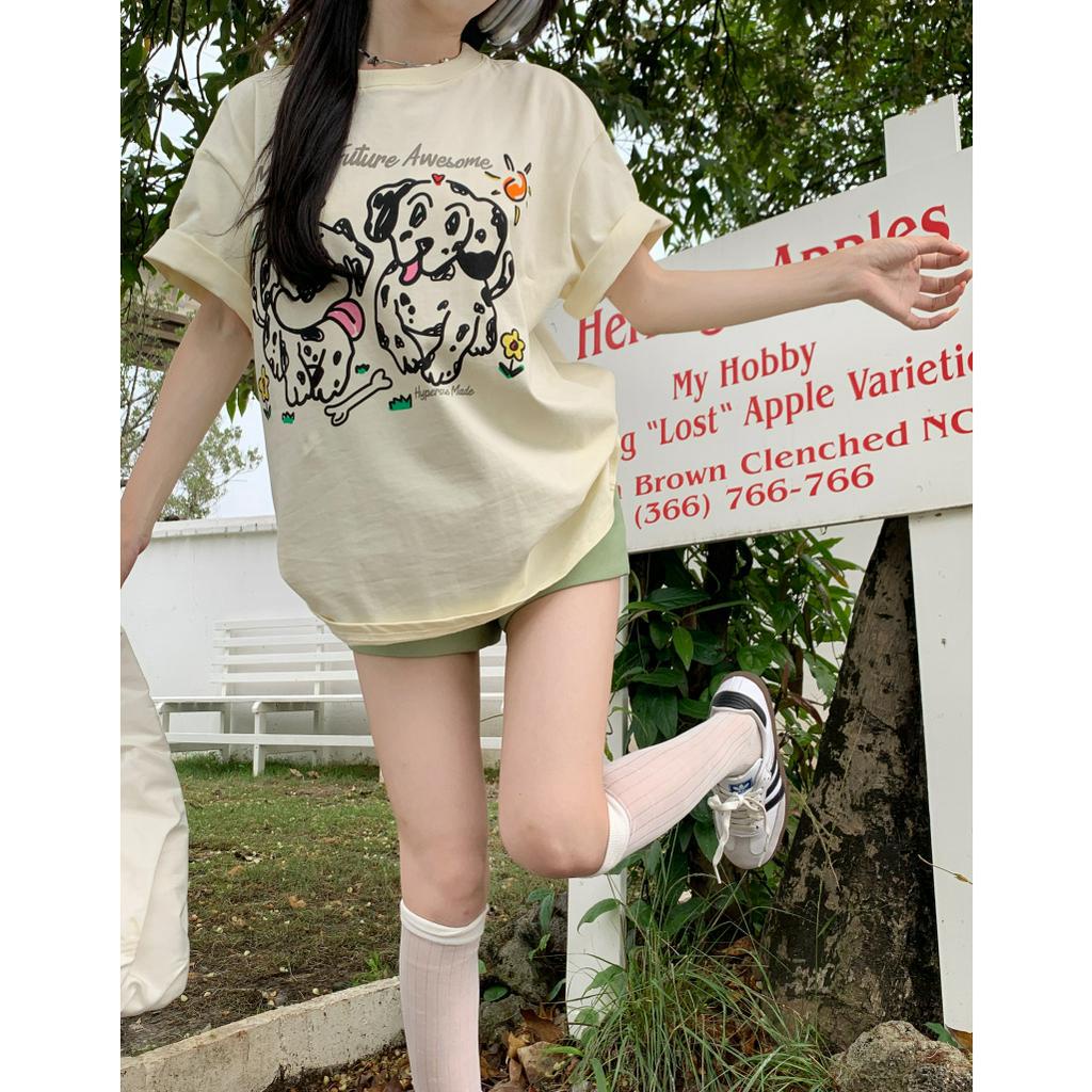 「 WELOVE1 」Áo Thun Nữ Tay Ngắn Cổ Tròn Dáng Rộng In Hình Chú Cún Đốm Dễ Thương Phong Cách Hàn Quốc Mới