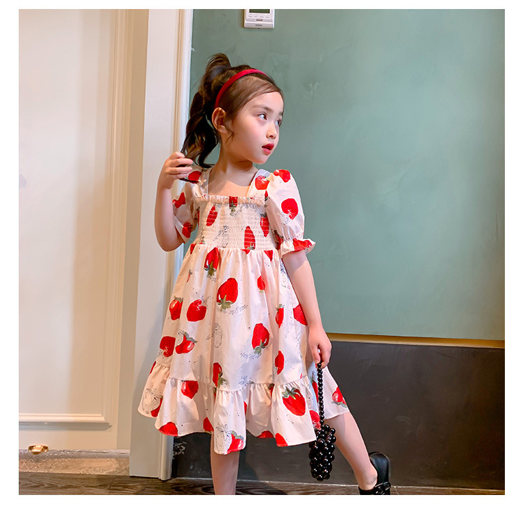 Korean Style Baby Girls Strawberry Prints Dress Children Kids Ruffles Long Dresses