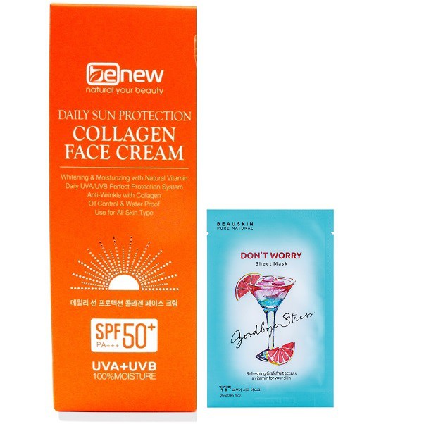 Kem chống nắng xóa thâm xạm Benew Collagen Hàn quốc 70ml/ Hộp Và 1 mặt nạ Dont Worry Beauskin 23ml/gói