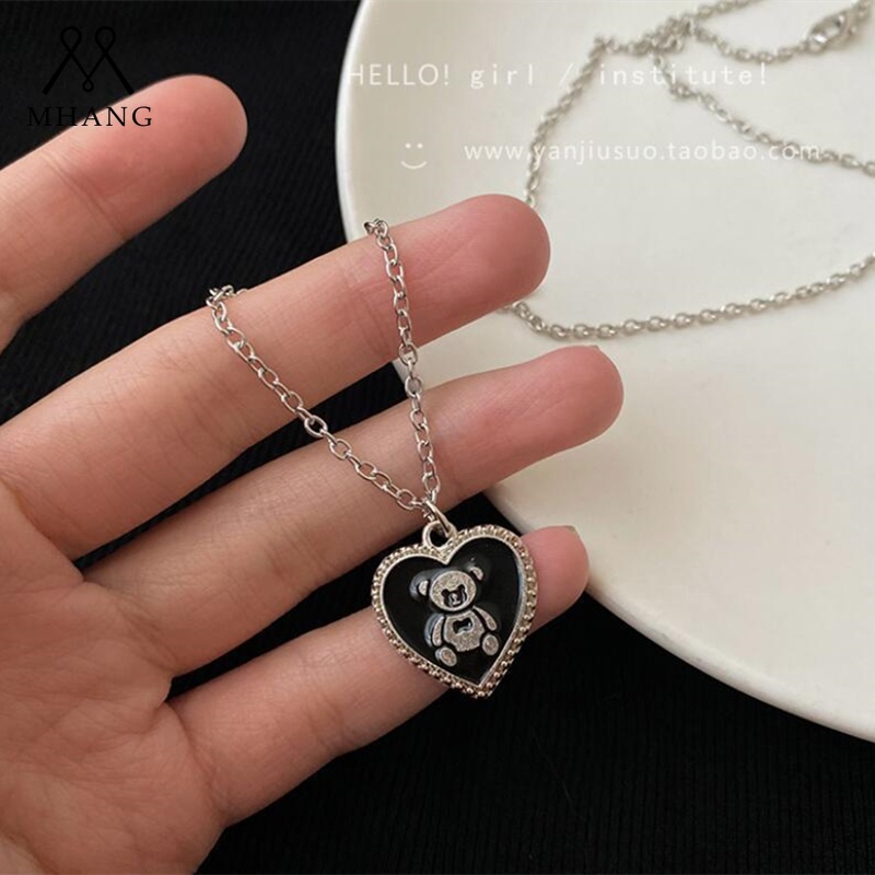 Vòng cổ Dáng Dài Mặt Gấu Và Trái Tim Màu Bạc Siêu Dễ Thương